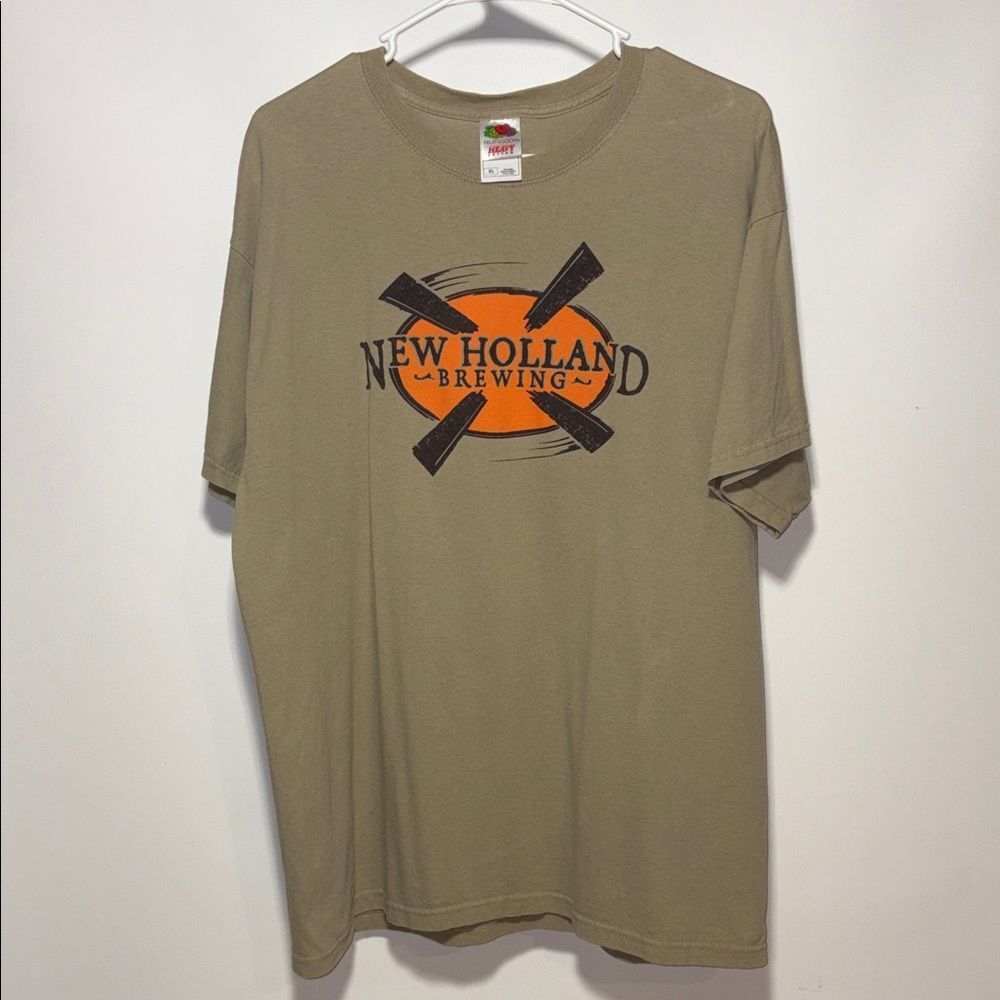 Fruit of the Loom Tan T-Shirt with Orange and Black Graphic
